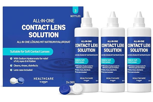 Healthcare by Amazon Solution Tout-en-un avec de l'hyaluronate de sodium pour des lentilles de contact souples, 3 x 360ml, (Anciennement une marque Amazon Basic Care, L'emballage peut différer)
