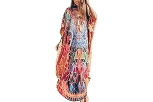 YouKD Vestido Maxi con Estampado Etnico de Caftán Largo Bohemio de Verano para Mujer Cover Ups de Bikini de Playa