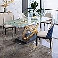 Vandana Interiors Modern Luxury Rectangular Dining Table Stone Top with Gold Stainless Steel Pedestal
