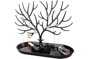 penobon Porte Bijoux, 2 en 1 Support Arbre Bijoux & Plateau à bijoux en plastique, Présentoir à bijoux pour Boucles d'Oreilles, Colliers, Bracelets, Montres et Bagues (Noir)