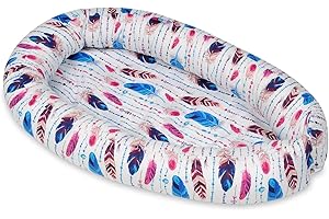 Velinda Baby nest, cushion, soft,0-8 months, snuggly,Baby sleeping, newborn, 100% cotton (pattern: colorful feathers)