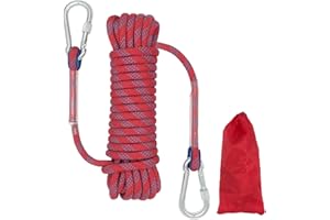 HAIY Climbing Rope, 10mm Outdoor Static Rock Climbing Cord, High Strength Safety Nylon Rope 2 Carabiner, for Escape, Fire Rescue, Camping, Dockside Mooring, Fixing, Red Length 10m