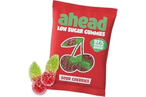 ‎AHEAD ahead Fruchtgummi Sour Cherries 18 x 50g | Nur 1g Zucker & 73 Kalorien mit 97% Weniger Zucker* | Süßigkeiten ohne Zuckerzusatz | Glutenfrei & Low Carb Süßigkeiten
