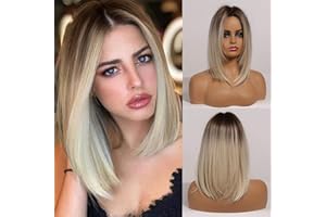 Kellynee Ombre Black to Blonde Middle Parting Wig - Shoulder Length Light Blonde Wigs for Women, Layered Straight Realistic Hair, Dark Roots, Best Synthetic Heat Resistant Wigs for Daily/Party/Cosplay