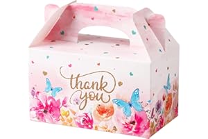 GIIFFU Thank You Treat Boxes - 12 Pack Elegant Floral Gable Gift Boxes with Handles, Perfect for Wedding Baby Shower Bridal Tea Party Favors, Mother's Day Birthday Cookie Candy Packaging
