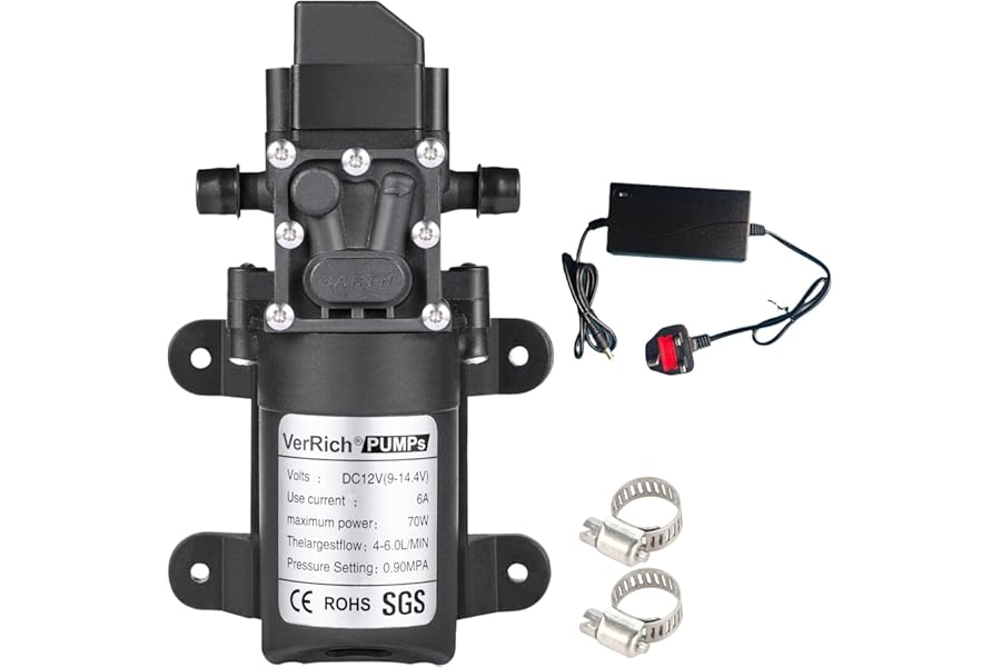 VerRich 12V Water Pumps Diaphragm Pump with Power Supply Adaptor and 2 Adjustable Hose Clamps for Water Tap,Motorhome,Caravan