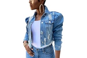 Suncolour Giacca di Jeans Corta da Donna Cappotto da Giacca di Jeans Slim Fit con Spalle A Sbuffo