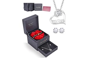 IMMORROSA Ewige Rose mit MOM-Halskette&Kristallohrringe, Muttertagsgeschenk für Mama, Konservierte Rosa Schachtel mit Halskette, Rosen-Geschenk mit Verpackung für Mama, Geburtstag, Jahrestag