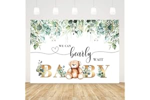 BUTEN 7x5ft Bear Baby Shower Backdrop We Can Bearly Wait Photography Background Eucalyptus Leaves Watercolor Floral Cake Table Decoration Birthday Party Background green
