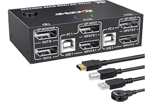YOUTINGHDAV KVM Switch 2 Monitors 2 Computer Displayport 1.4, USB KVM Switch Dual Monitor 4K@144Hz for 2 Computer Share Keyboard Mouse, with Wired Remote