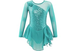 IEFIEL Vestido Lentejuelas de Danza para Niña Maillot Patinaje Artístico de Manga Larga Leotardo de Ballet Gimnasia Vestido de Bailarina 4-16 Años