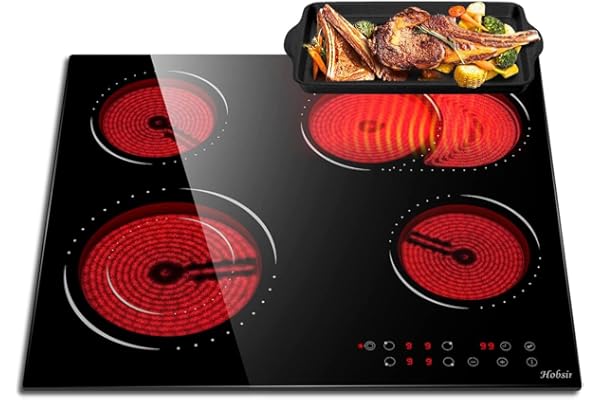 Hobsir Plaque Vitrocéramique 4 Feux, Plaque Cuisson électrique Encastrable 60cm, 6600W, Table de Cuisson avec Zones Ovale et Double Flexibles, Contrôle Tactile, Minuterie, Sans Prise, 240V