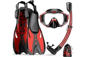 KUYOU Schnorchelset Erwachsene mit Flossen, Anti-Fog Panorama-Weitblick Taucherbrille, Premium Dry Schnorchel und Tauchflossen für Erwachsene, 3 in 1 Taucherausrüstung Set