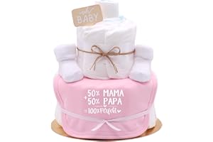 Trend Mama Windeltorte Mädchen mit Spruch | 50% Mama 50% Papa 100% Perfekt | 27 Windeln (Gr.2) Babylätzchen, Babysocken | Babygeschenk zur Geburt