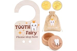YXSJAS 1 Set/4Pcs Wooden Tooth Fairy Box Tooth Fairy Door Hanger Tooth Fairy Box with Storage Pouch Gold Foil Reward Coin Wooden Doorplate Tooth Fairy Coin for Tooth Loss Baby Birthday Gifts