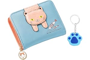 MAXQUU 1 niebieski portfel z motywem kota z 1 zawieszką w kształcie niebieskiego kota łapy, portfel dziewczęcy z kreskówki, portfel dla dzieci, portfel ze wzorem kota, portfel ze skóry z kreskówki,