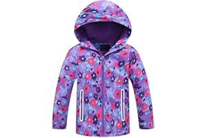 TURMIN Girls Floral Printed Waterproof Jacket, Windbreaker with Hood, Fleece Lined Raincoat, Lightweight, Breathable, Windproof, 3-10 Years, Ideal for Wet Weather, Travel, School, Multiple Occasions