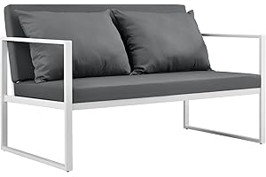 casa.pro Divano da Esterno con Cuscini Telaio in Ferro Sofà per 2 Persone Arredo Outdoor per Giardino Patio Terrazza 70 x 114 x 60 cm Bianco/Grigio