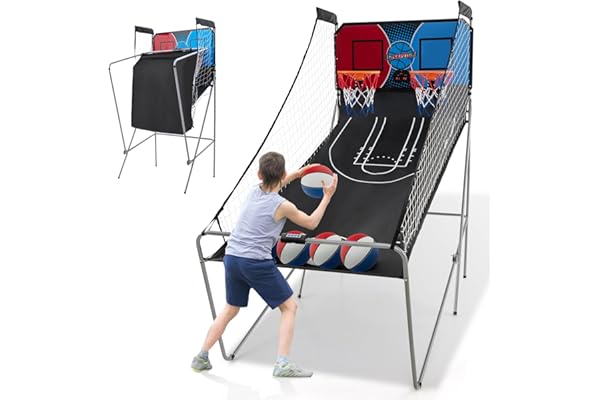 GOPLUS Jeu de Basketball Arcade Pliable, 2 Paniers et 4 Ballons, 8 Modes de Jeux, Capteur Électrique, LED Score, 4 Boutons de Fonctionnement, 207 x 108 x 205CM (Rouge+Bleu)
