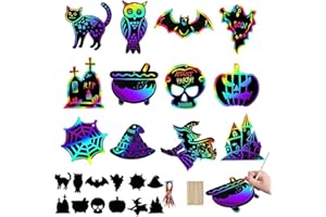 CULEB 12 Hojas Halloween Scratch Art para Niños,Kit de Arte Tarjeta Rascar con Lápiz de Madera y Cinta de Color,para Decoración de Fiesta Halloween DIY Artesanía Regalos Niños