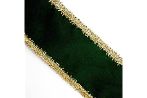 Italian Options Wired-Edge Green Velvet Ribbon, Luxury, Wide Christmas Ribbon, Wired Ribbons for Crafts, Gift Wrapping, Wreaths, Tree Decorations, Bottle Green, Gold Tinsel, 63 mm x 10 Metre Roll