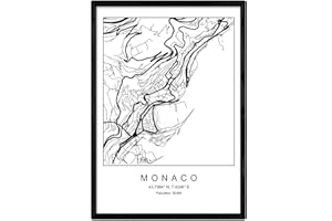 Nacnic Print Monako Mapa Miasta w stylu Nordyckim Czarny i Biały. Wyświetlanie A4 Papier drukowany nr 250 GR. Farby, wydruki i plakaty do salonu i sypialni