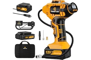 C P CHANTPOWER Tyre Inflator Air Compressor, 20V Cordless Car Tyre Pump with Rechargeable Li-ion Battery, 12V Car Power Adapter, Digital Pressure Gauge Yellow