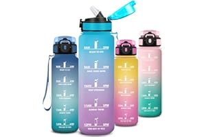 Mujigaga Gourde 1l, Anti Fuite Gourde Sport avec Marqueur de Temps, Facile à Nettoyer, Gourdes avec Paille, Verrou de Sécurité, Bouteille d'eau Motivationnelle pour Fitness, Bureau, Yoga, Extérieur