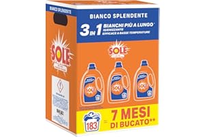 Sole Detersivo Lavatrice Bianco splendente 183 Lavaggi, Formula igienizzante, Detersivo Lavatrice Liquido Bianco Splendente, rimuove le macchie a basse temperature