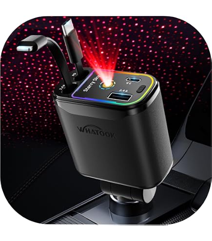 Caricatore Auto Retrattile 66W 4 In 1: Doppia USB-C, Cavi Retrattili E Luci D'Atmosfera Per Smartphone E Tablet