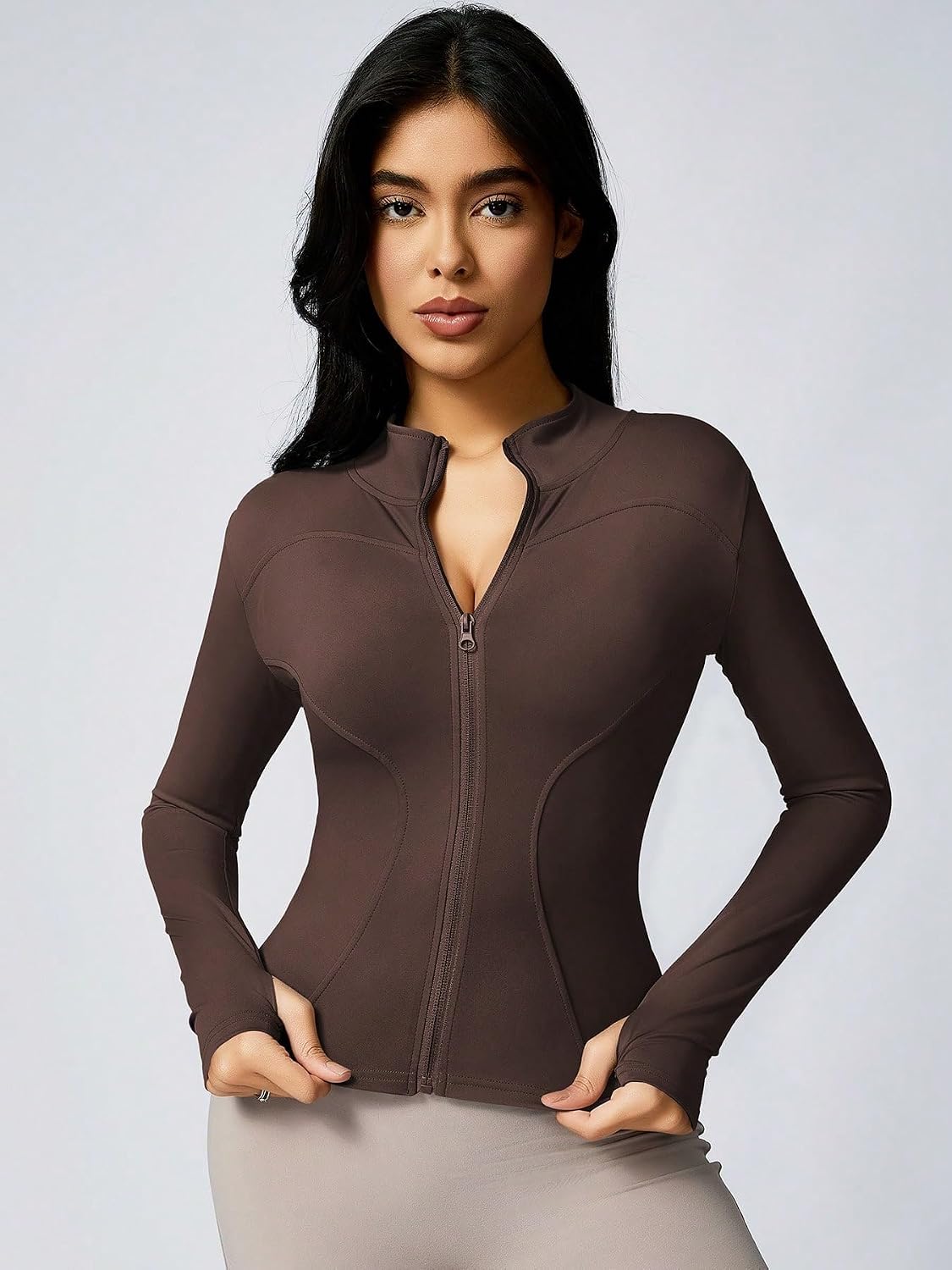 Chaqueta de entrenamiento para mujer, con cremallera completa, ajustada, para yoga, con bolsillos, camisa atlética para correr, con agujeros para el pulgar, para gimnasio