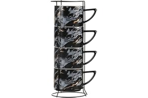 All-Pie Cappuccino Cups Set Tea Mugs 210ML Stackable Set of 4 Ceramics Coffee Cup with Cups Stand (Black)