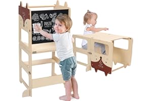 JOLIE VALLÉE TOYS & HOME Kids Step Stool, Kitchen Stool, Aid for Toddlers, Wooden Learning Standing Tower with Chalkboard, Foldable Toddler Table and Chair Set, 2 in 1 Helper Standing Tower with Message Boards for 18 Months