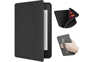 ERUNTO Etui na 6-calowy nowy Kindle (wydanie 2022), etui z TPU z teksturą tkaniny i paskiem na rękę z tyłu, etui z magnetyczną obudową z funkcją inteligentnego budzenia/uśpienia (Czarny)