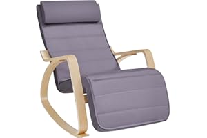 SONGMICS Sedia a Dondolo, Poltrona a Dondolo con Braccioli in Betulla, Poggiapiedi Regolabile a 5 Altezze, Portata 150 kg, per Soggiorno Camera da Letto, Grigio Chiaro e Naturale LYY010G01