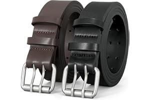 LEACOOLKEY Double Prong Leather Belts for Men PU Leather Work Belt For Jeans,2 Holes Casual Leather Belt for Men