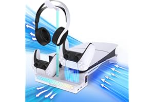 Sehawei Horizontale PS5 Pro/Slim Halterung mit Kühler, PS5 Pro Standfuß horizontal mit PS5 Ladestation, PS5 Horizontaler Ständer für PS5 Slim Konsole mit Kopfhörerhalter (Not for P5 2020)