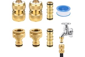 QNENEAM 6 Packs Brass Garden Hose Quick Connectors, Garden Hose Tap Connector, 2 Double Male Connectors, 2 Hose End Connectors, 2 Hose Tap Connectors 1/2'' & 3/4'' 2-in-1 Faucet Adapter, 1 White Plumber Tape