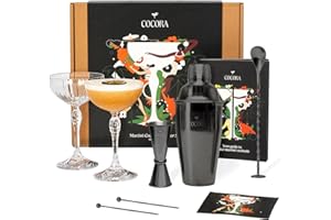 Cocora Set Martini | Set à Cocktail de 8 pièces | Shaker à Cocktail en Acier Inoxydable | Verres à Martini Coupés | Kit Barman | Livre de Cocktails (10+ Recettes) | Emballage Cadeau de Luxe (Black)