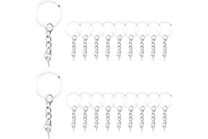 LUENHEGO 20Pcs Keyring Rings Split Keyring with Chain, Metal Key Ring Blanks Key Ring Hoops with Jump Rings and Screw Eye Pins, DIY Keyrings Making Kit, Silver (Flat)