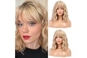 WOKESTAR Peruki Boba ze Staranną Grzywką, Kręcone Faliste Syntetyczne Peruki dla Kobiet Kolor Blond