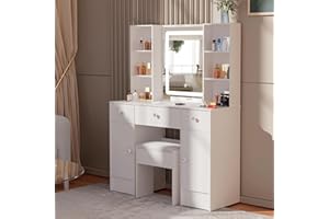 CAULITAR Bedroom Dressing Table with Mirror and Light Bulbs Build-in, Large Vanity Desk with 7 Drawer & 6 Shelves, Makeup Desk Vanity Table for Girls Women£¬H3339UK