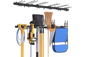 Bomclap Support pour outils de garage - 116 cm - Crochet mural en métal - 12 crochets - Porte-outils mural pour garages, caves, ateliers, balais, râteaux - Organisateur d'outils (noir)