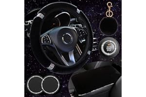 1 Sets 6 Pieces Fluffy Steering Wheel Cover Set for Women,ZYNQACC Diamond Plush Steering Wheel Cover Auto Center Console Pad, Universal Fit 15 Inch (Purple) (Black)