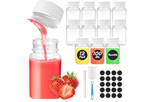 MSLHUB Lot de 12 petites bouteilles à remplir - 60 ml/100 ml - En plastique vides - Pour smoothie - À remplir avec des autocollants - Bouteilles à shot de gingembre avec couvercles pour jus de fruits