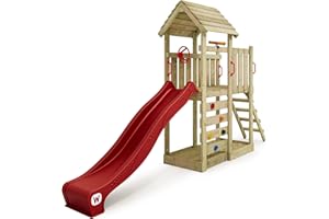 ‎WICKEY WICKEY Spielturm Klettergerüst JoyFlyer mit Holzdach & roter Rutsche, Outdoor Kinder Kletterturm mit Sandkasten, Leiter & Spiel-Zubehör für den Garten