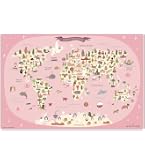 Sous-main Effaçable Pour Enfants - Carte Du Monde Avec Animaux - 60 X 40 Cm - Vinyle 1,6 Mm - Rose