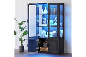 BROTTAR Display Cabinets with 3 Color Lights, 3 Tiers Storage Cabinet Bookcase, Display Case with Magnetic Lock & Buffer Hinge, Living Room Cabinets for Collectibles for Bedroom, Study Room