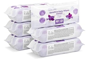 by Amazon Sensitive Baby Wipes, Unscented, 360 Wipes, 6 Pack of 60