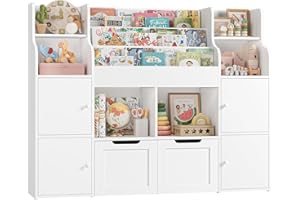 FOREHILL Toy Storage Unit 3-tier Kids Bookshelf Childrens Bookcase Kids Storage with 4 Doors, 6 Open Shelves, 2 Drawers with Wheels for Playroom Nursery Furniture 122x30x100cm White